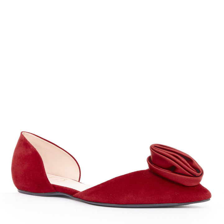 ROGER VIVIER red suede satin rosette d'orsay pointed comfort ballet flats EU37
