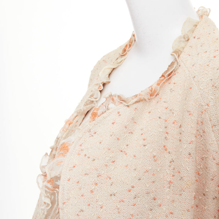 ST JOHN COUTURE cream pink flecked boucle knit ruffle trim duster coat US14 3XL