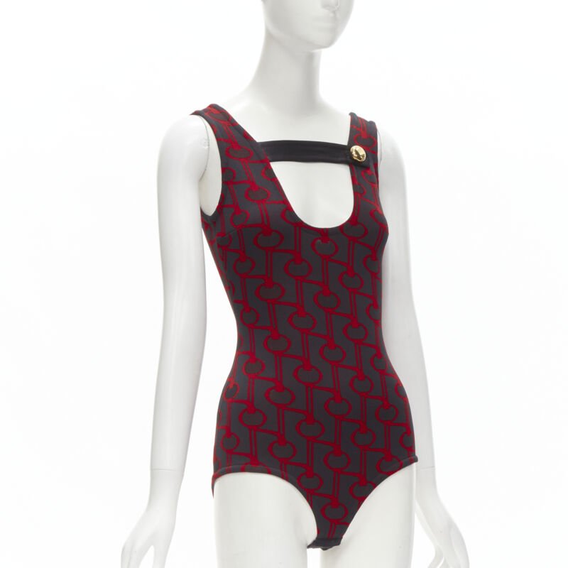 PRADA 2019 black red geometric knit button strap bodysuit top S