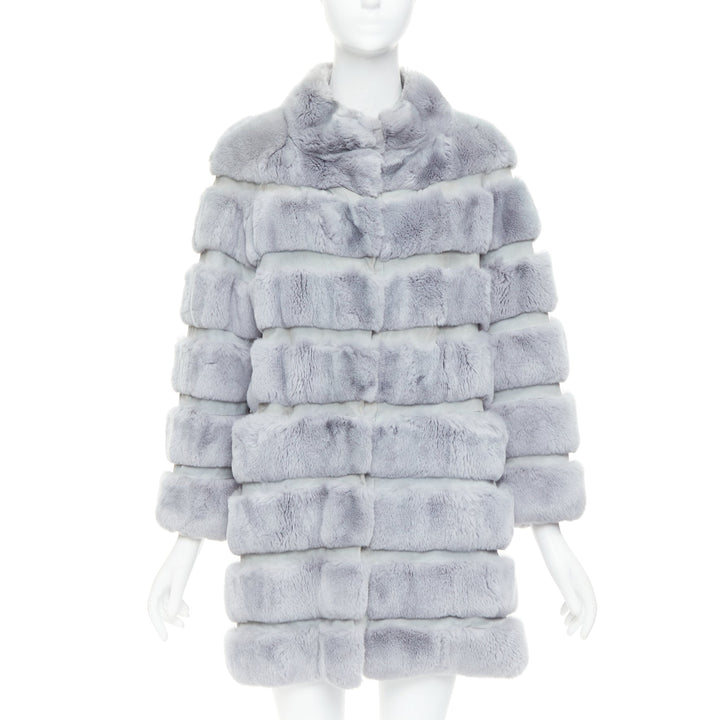 INNIU misty blue fur leather horizontal tiered long coat