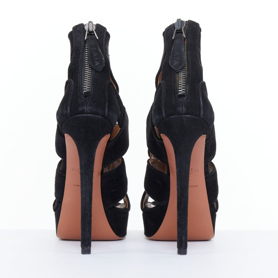 ALAIA 2012 black wavy suede caged cutout strappy open toe platform sandals EU35