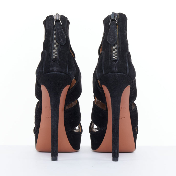 ALAIA 2012 black wavy suede caged cutout strappy open toe platform sandals EU35