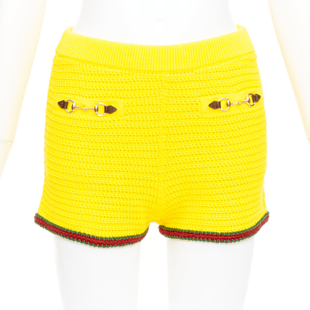 GUCCI 2024 Sabato yellow red green web horsebit cotton crochet knit shorts S