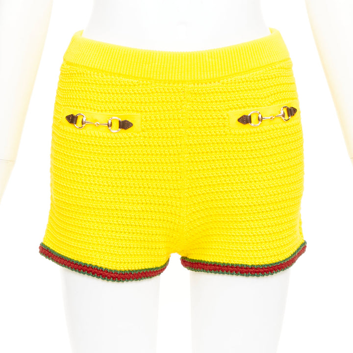 GUCCI 2024 Sabato yellow red green web horsebit cotton crochet knit shorts S