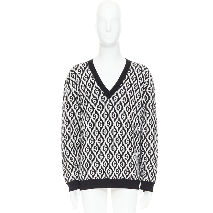 GUCCI 100% wool G Rhombus monogram black white intarsia sweater L