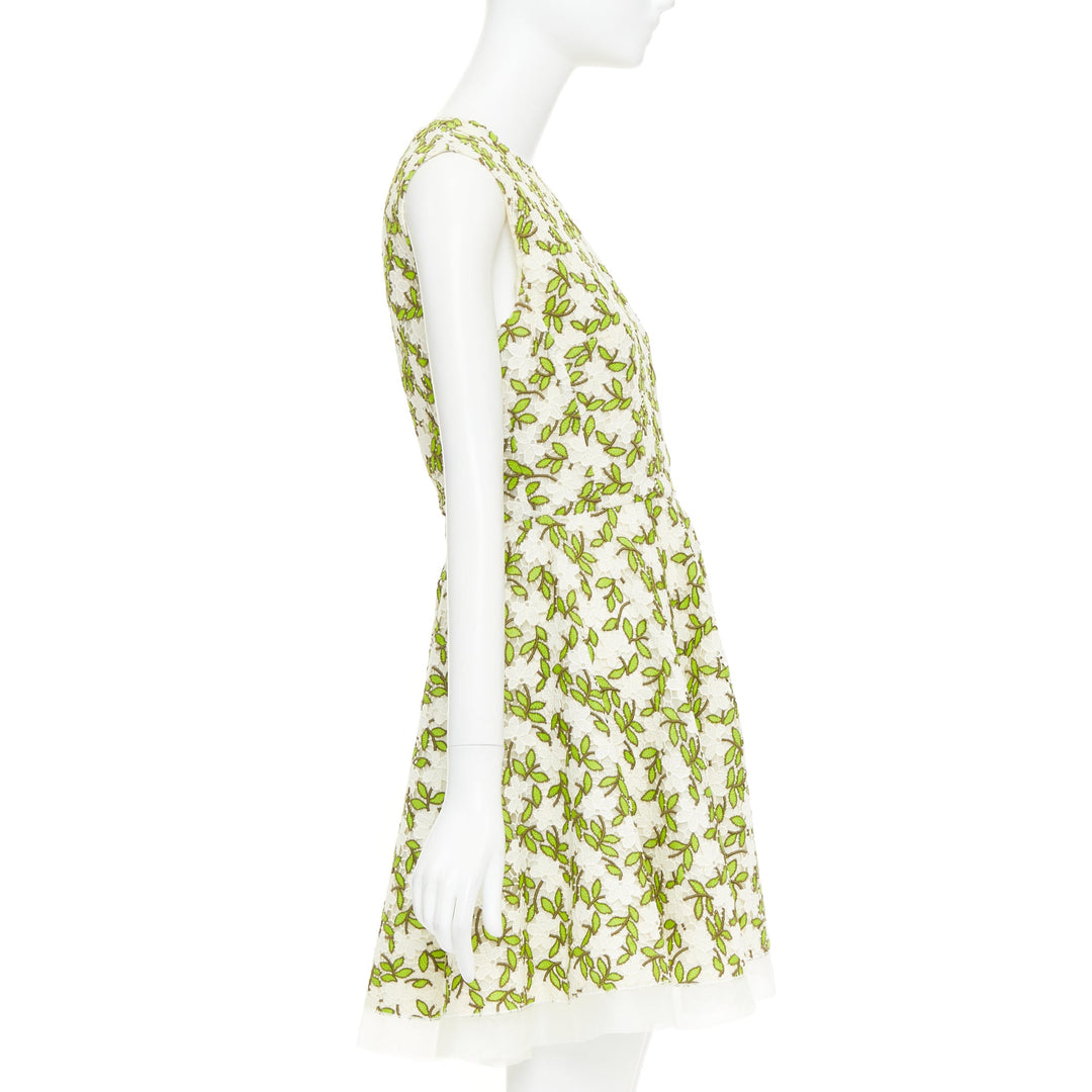 GIAMBATTISTA VALLI ivory green floral leaf embroidery anglais dress IT44 M