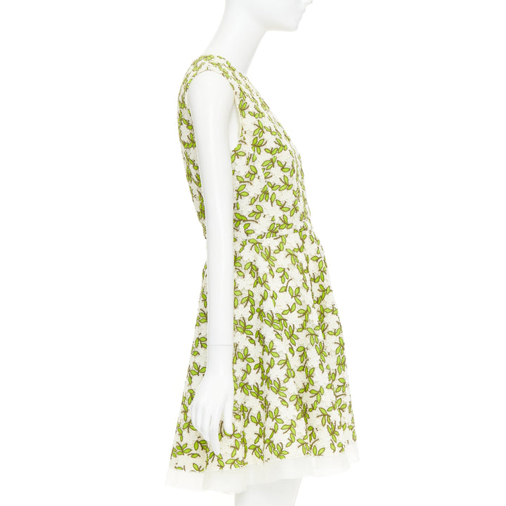 GIAMBATTISTA VALLI ivory green floral leaf embroidery anglais dress IT44 M