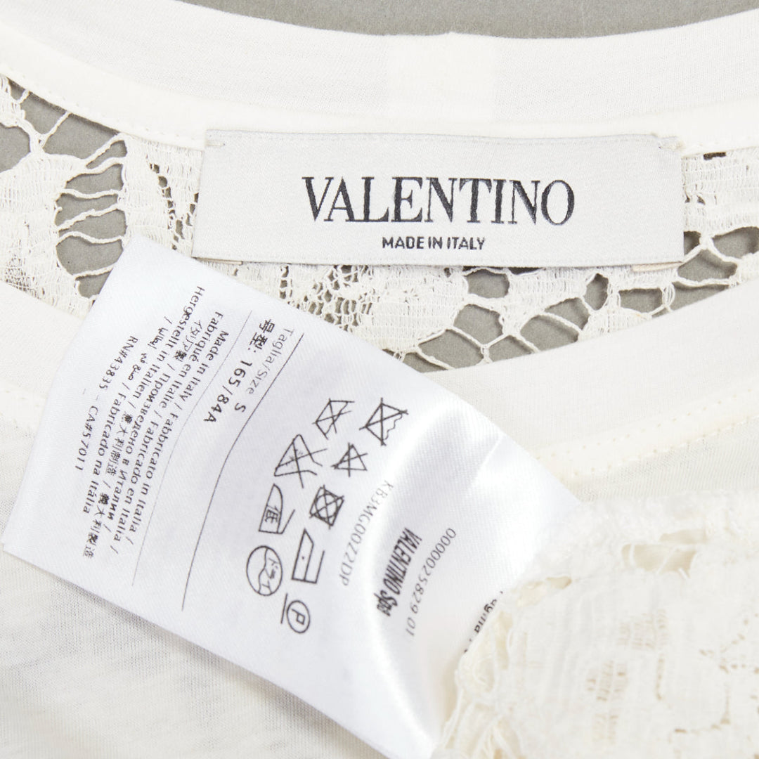 VALENTINO cream cotton intricate lace back sheer hi low tshirt S