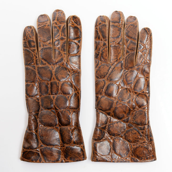 rare BOTTEGA VENETA brown croc-embossed buff calfskin cashmere lined gloves Sz.8