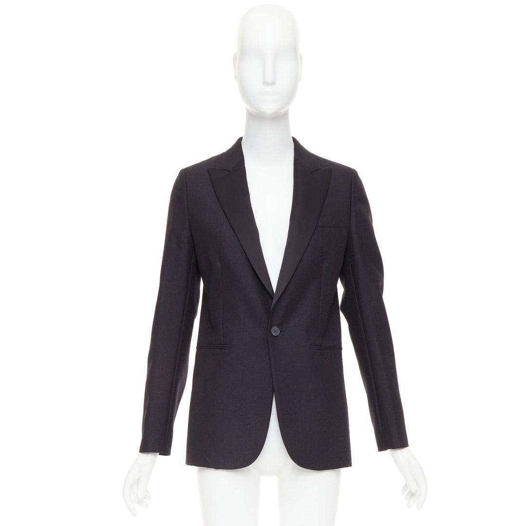 CHRISTIAN DIOR black wool mohair boxy peak collar tux jacket FR36