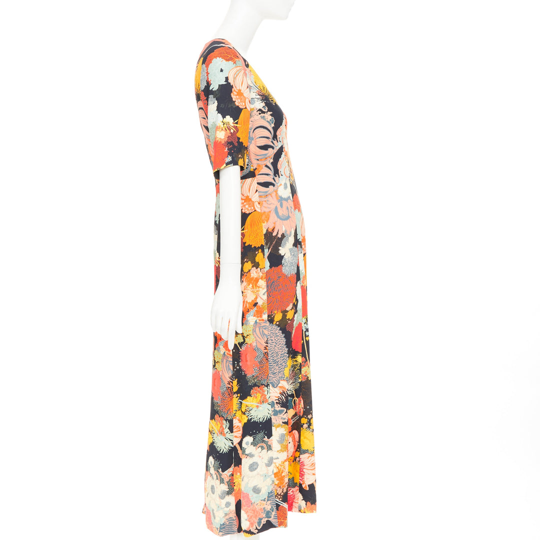 DRIES VAN NOTEN 2017 Runway orange yellow black floral Vneck midi dress FR36 S