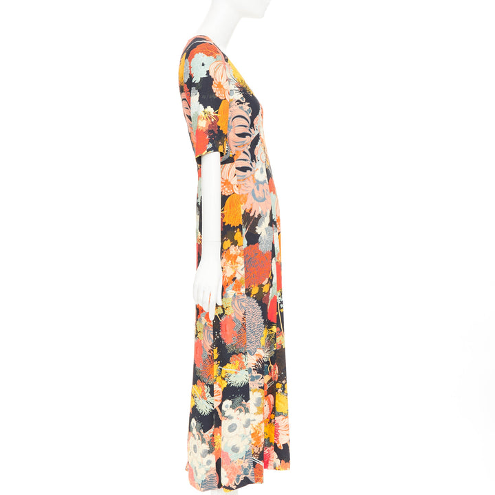 DRIES VAN NOTEN 2017 Runway orange yellow black floral Vneck midi dress FR36 S