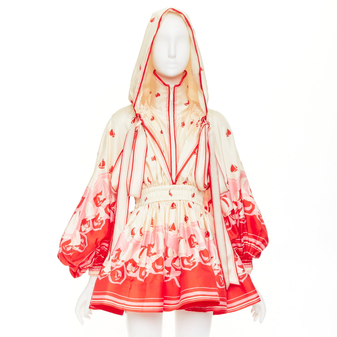 ZIMMERMANN 2023 High Tide printed silk twill cape hooded mini dress Sz.0 XS