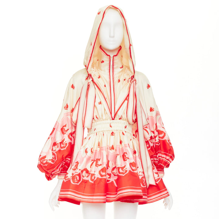 ZIMMERMANN 2023 High Tide printed silk twill cape hooded mini dress Sz.0 XS