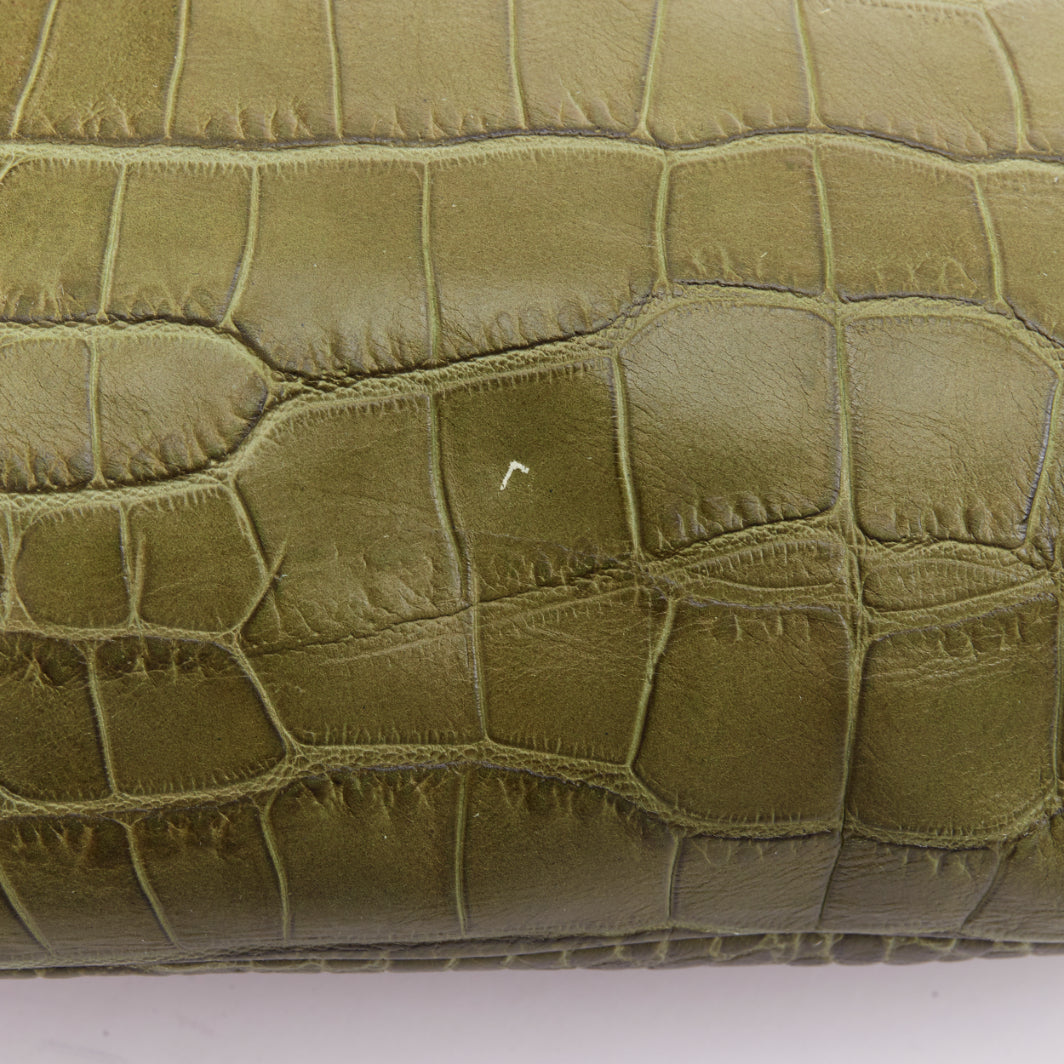 MARNI olive green croc embossed leather front zip pocket satchel bag