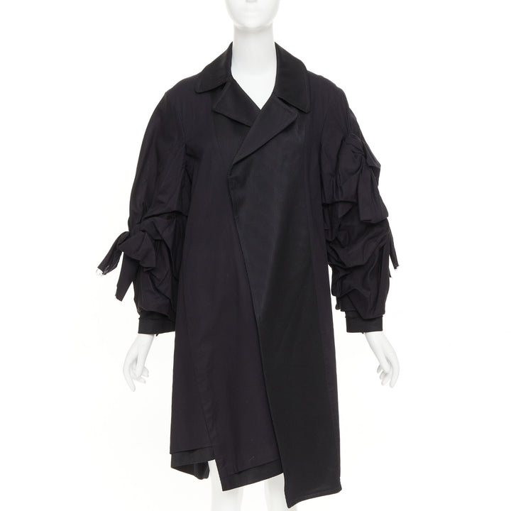 COMME DES GARCONS 2021 black twill cotton ruffled bow sleeve asymmetric coat S