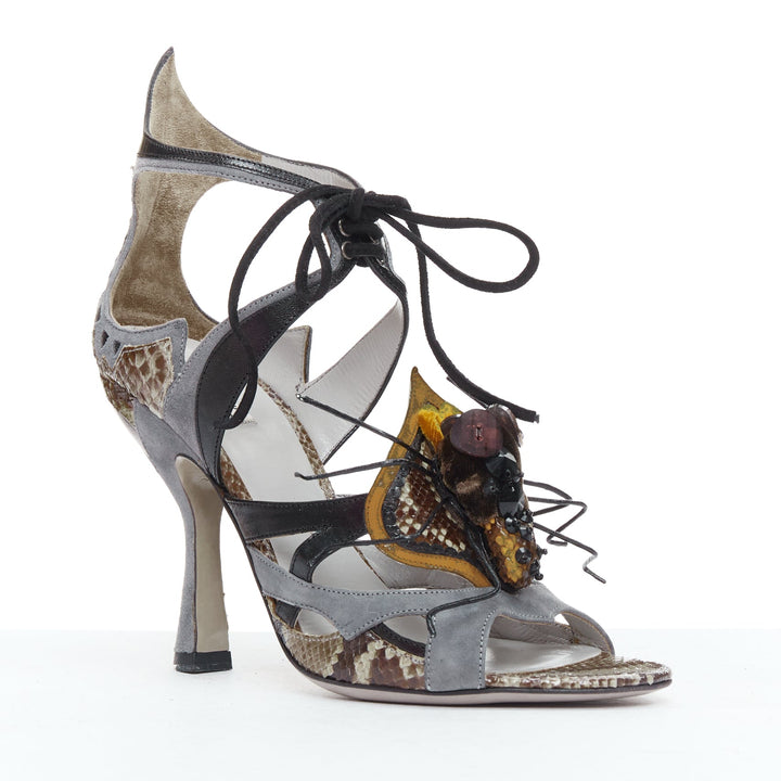 rare MIU MIU 2010 Runway Spider embellished grey leather heeled sandals EU36