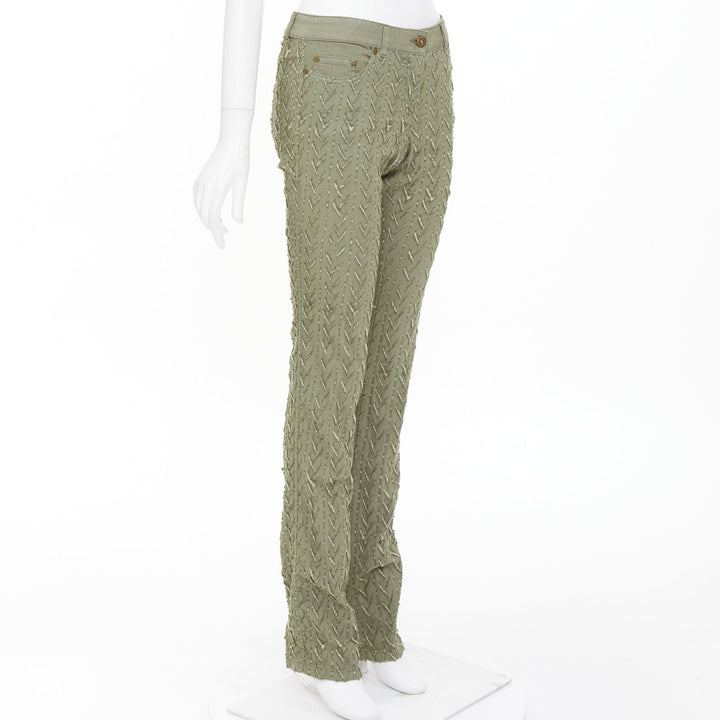ALEXANDER MCQUEEN 2002 khaki green distressed cotton chevron jeans IT38 XS