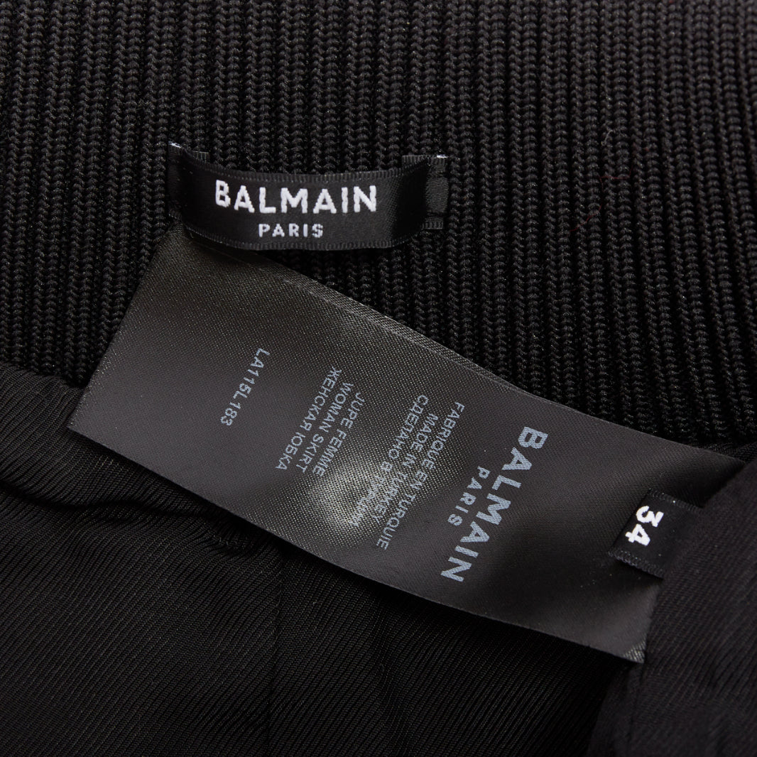 rare BALMAIN black lambskin leather gold B logo button bomber mini skirt FR34 XS