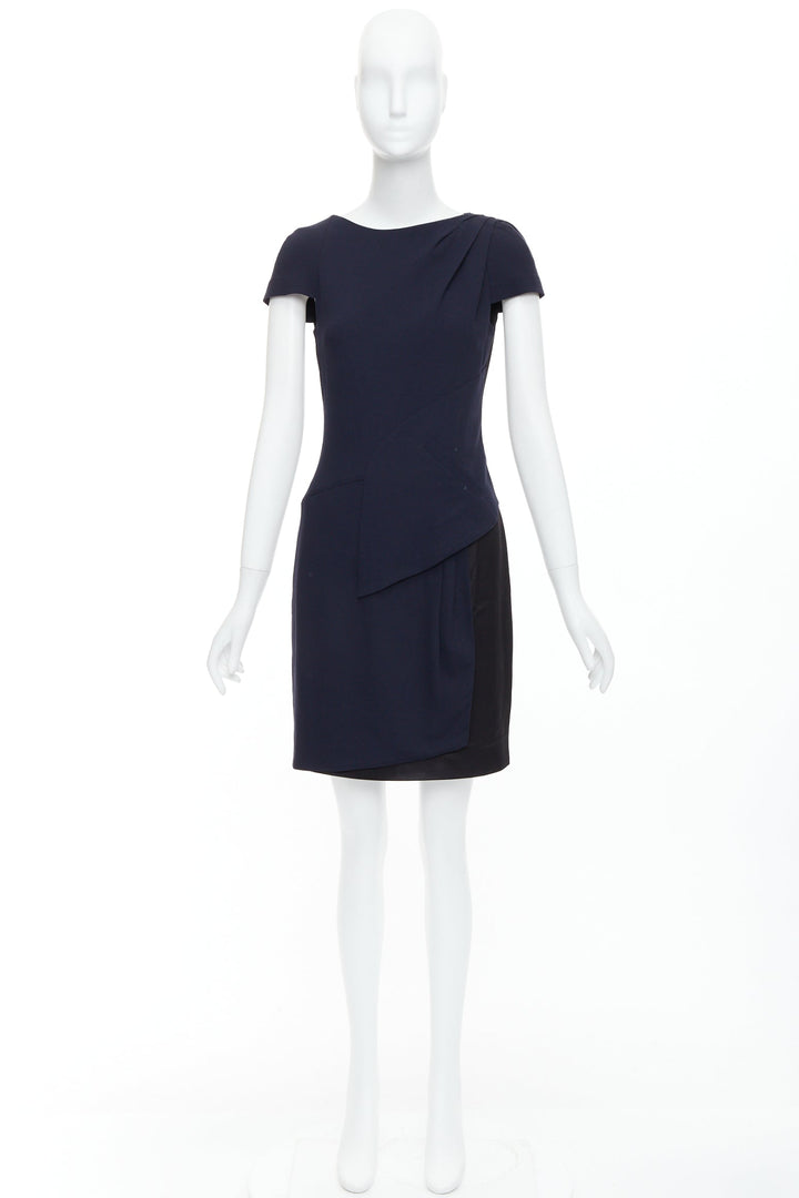 CHANEL navy black rayon wool blend draped pleated shift dress FR36 S