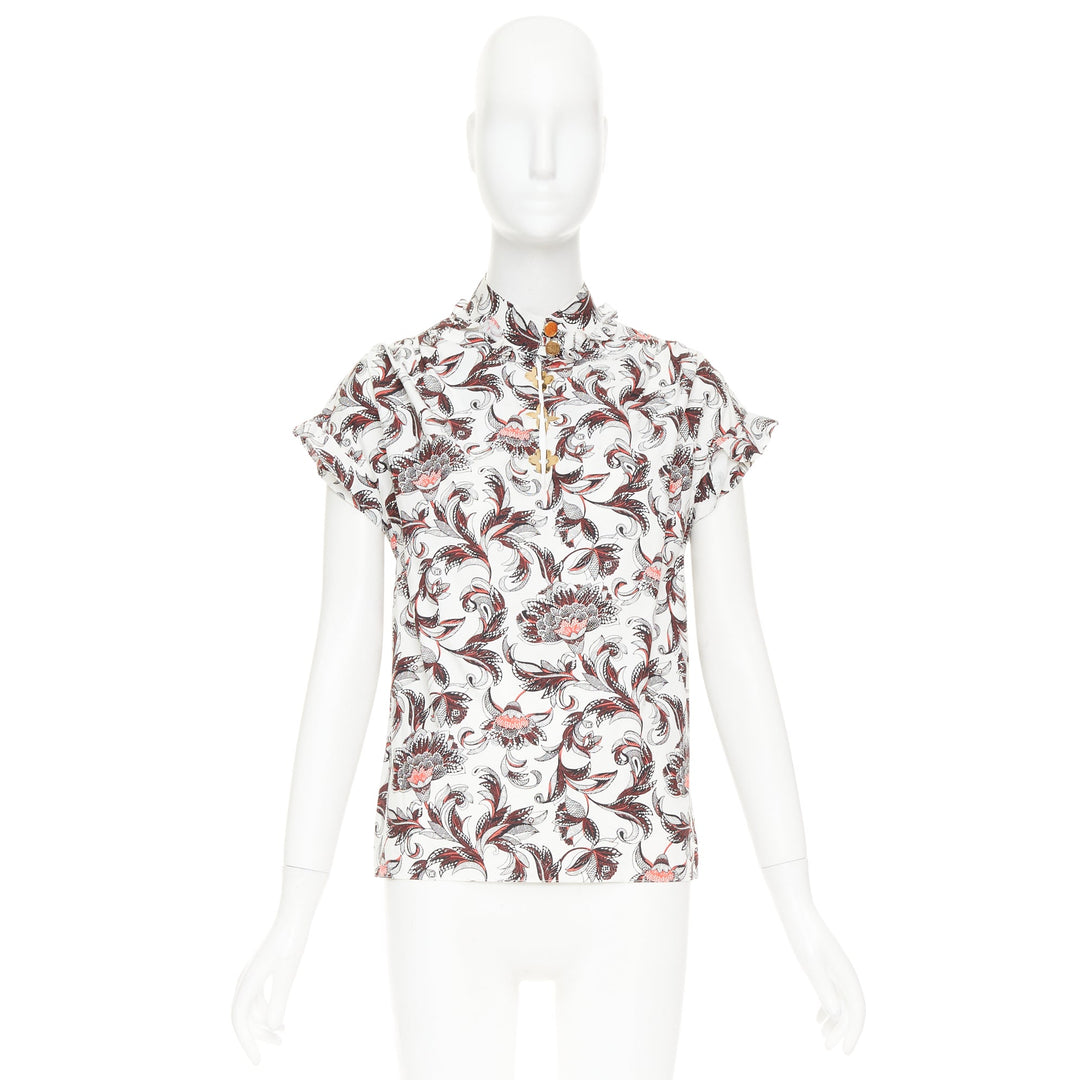 LOUIS VUITTON white red burgundy paisley floral LV button ruffled shirt FR34 XS