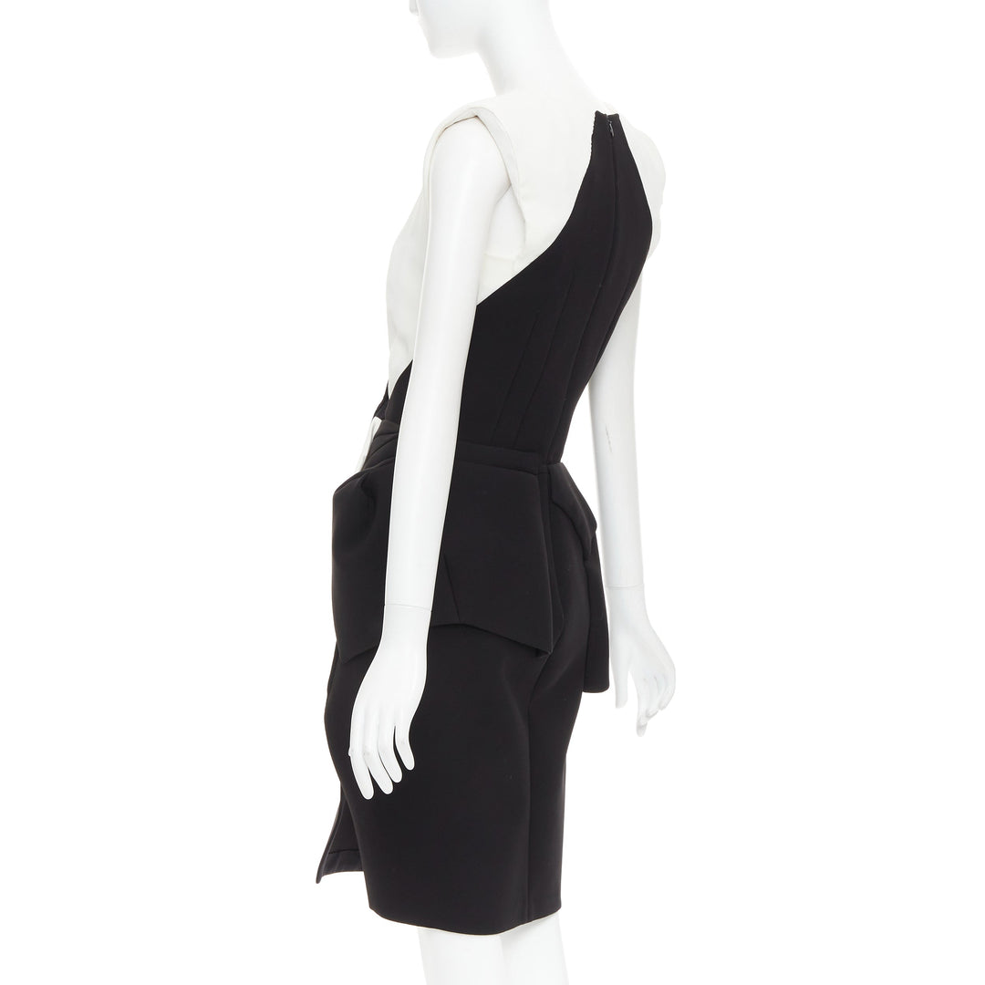 BALENCIAGA 2008 Runway black cream twist bow drape peplum hi-slit dress FR38 M