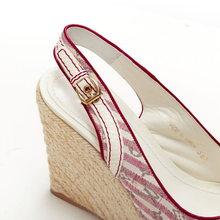 LOUIS VUITTON pink beige striped monogram jute espadrille wedge platform EU36.5