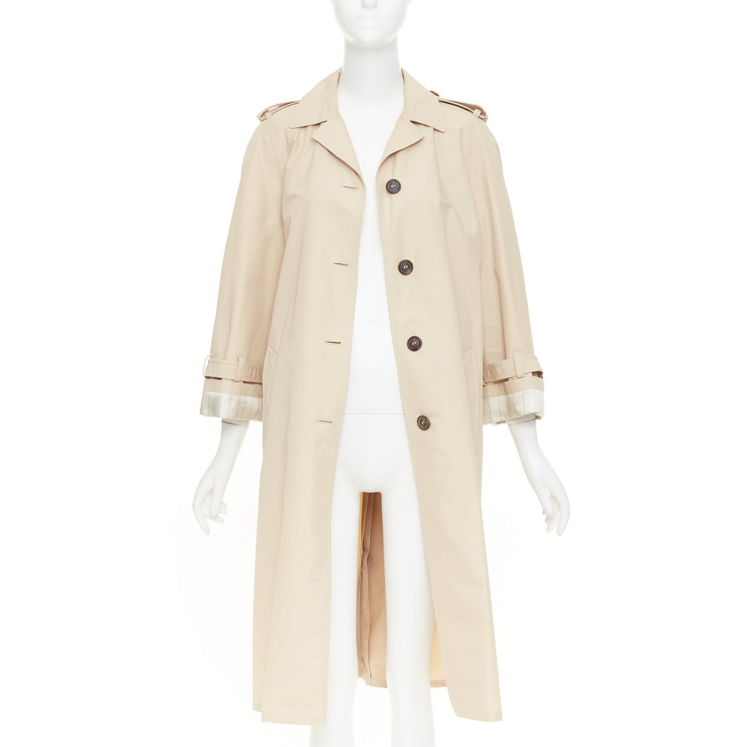 PRADA 2019 beige cotton pinstriped lined raglan sleeves trench coat IT36 XXS
