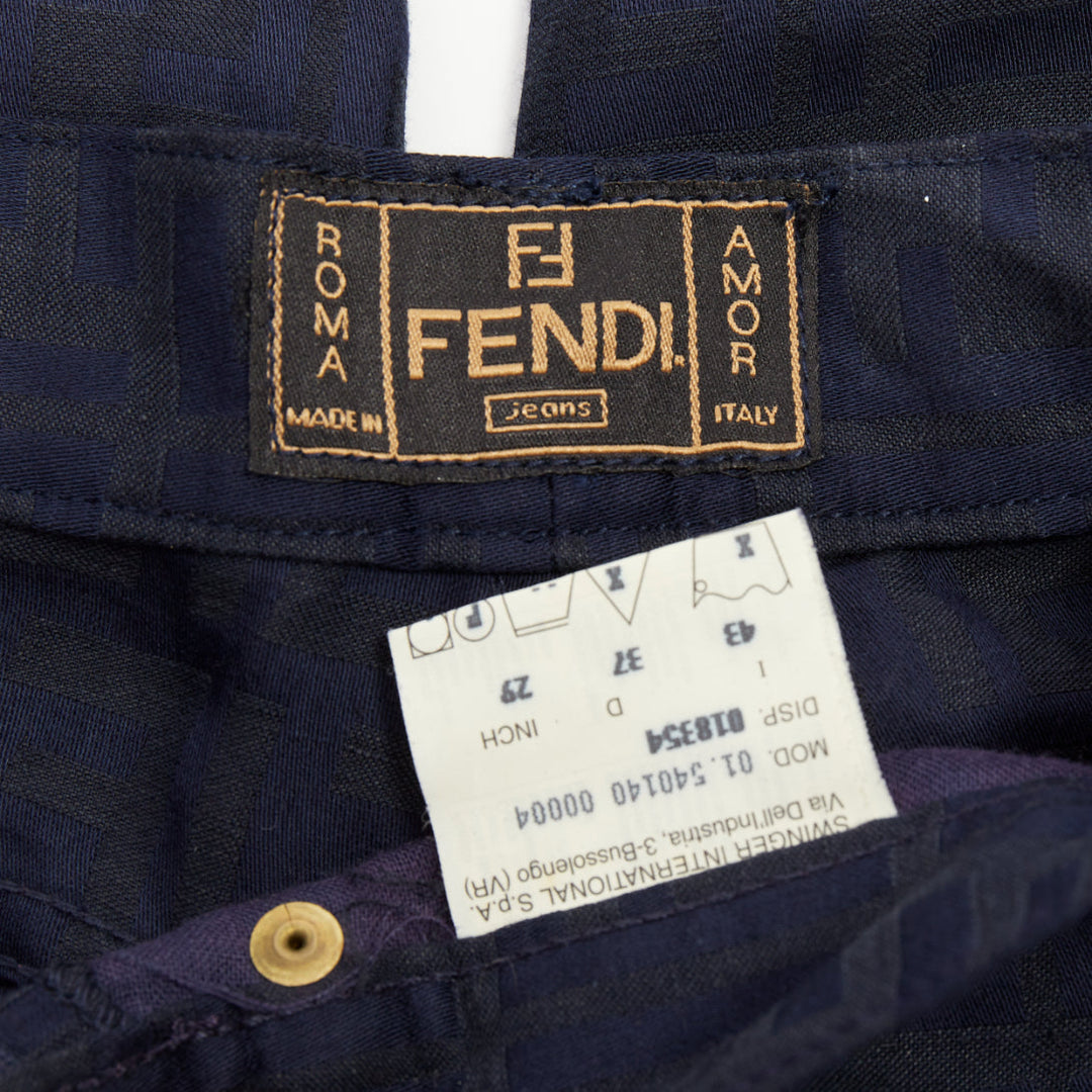 FENDI JEANS 1990s Vintage navy grey FF Zucca Monogram jacquard straight jean 29"