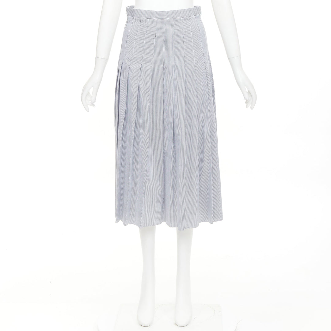CELINE black white cotton striped box pleated high waist midi skirt FR36 S