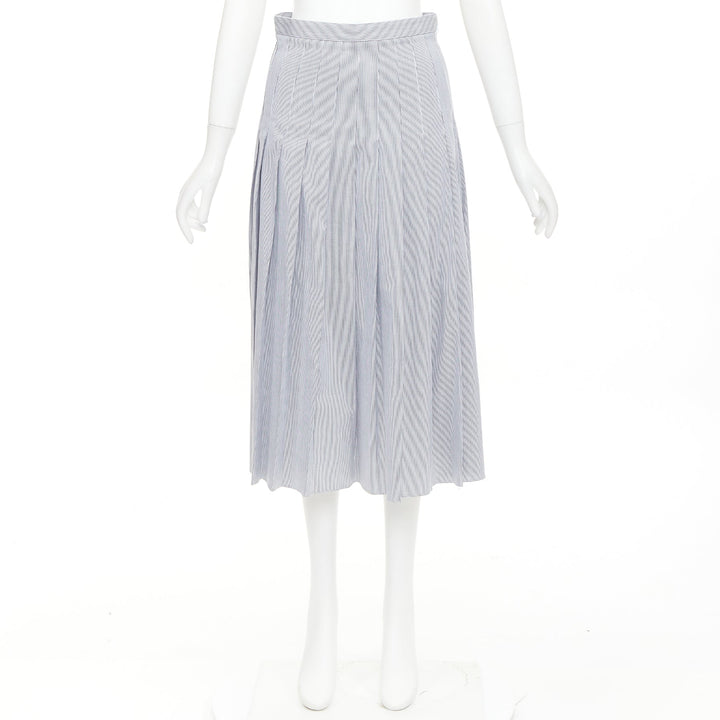 CELINE black white cotton striped box pleated high waist midi skirt FR36 S