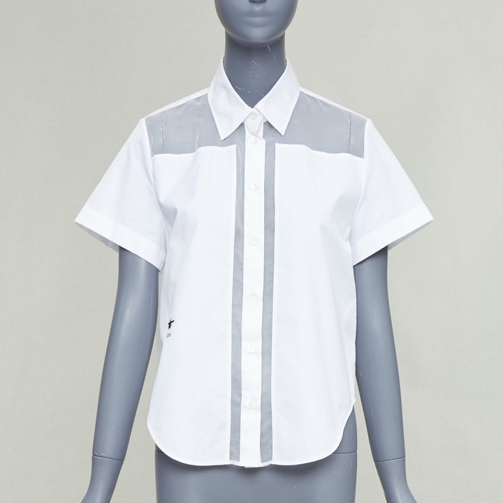 CHRISTIAN DIOR 100% silk white cotton trim sheer panel logo shirt FR34 XS