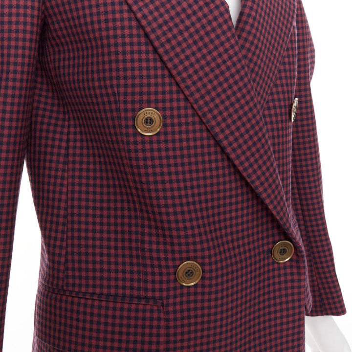 FENDI burgundy wool checkered purple velvet collar double breast blazer IT34 XS