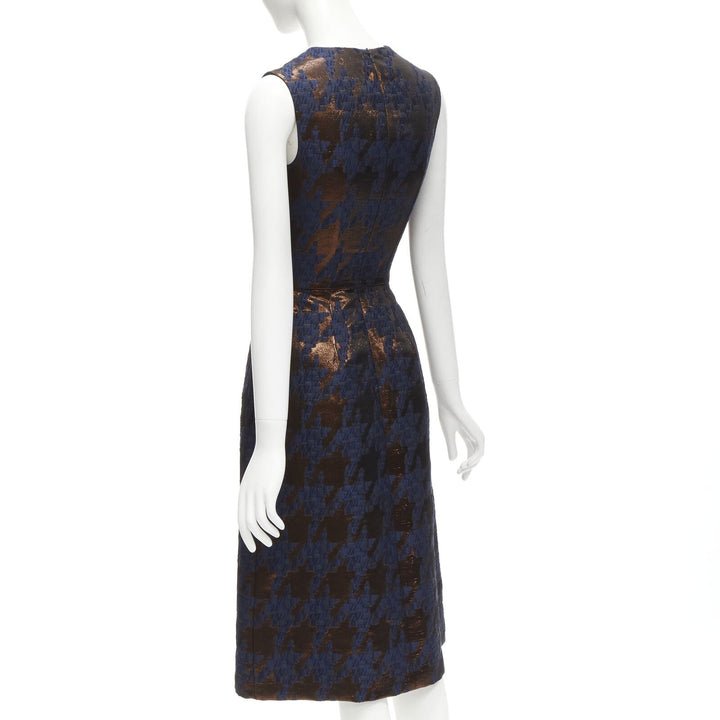 MARTIN GRANT metallic copper navy houndstooth jacquard midi dress FR34 XS