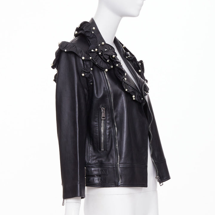 GUCCI 2016 black lambskin leather faux pearl ruffle collar biker jacket IT40 S