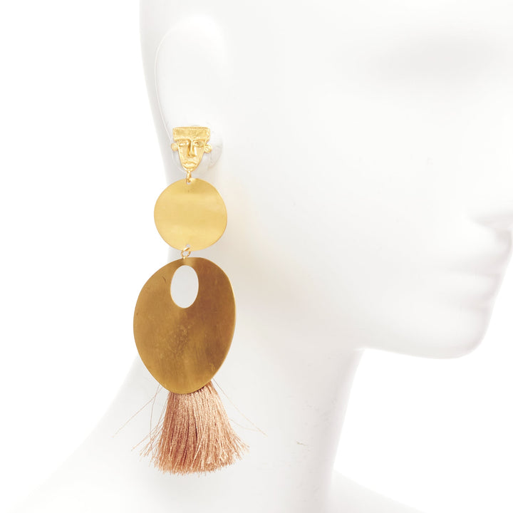 PMX CANO gold metal geometric tribal face beige tassel pin earrings Pair