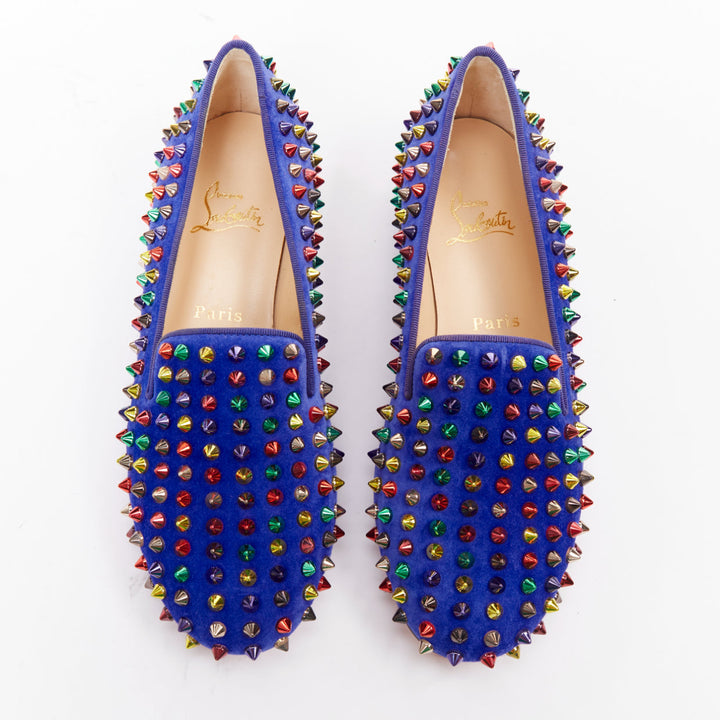 CHRISTIAN LOUBOUTIN Dandy Pik Pik Flat blue suede multicolor spike flats EU37