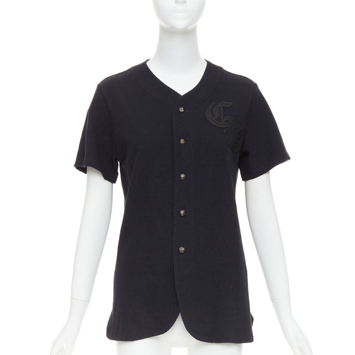 CHROME HEARTS black cotton CH leather patch silver cross button baseball shirt S