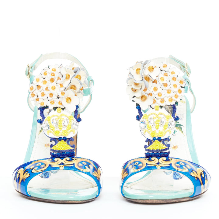 DOLCE GABBANA Majolica print floral embellished  T-strap high heel sandals EU39