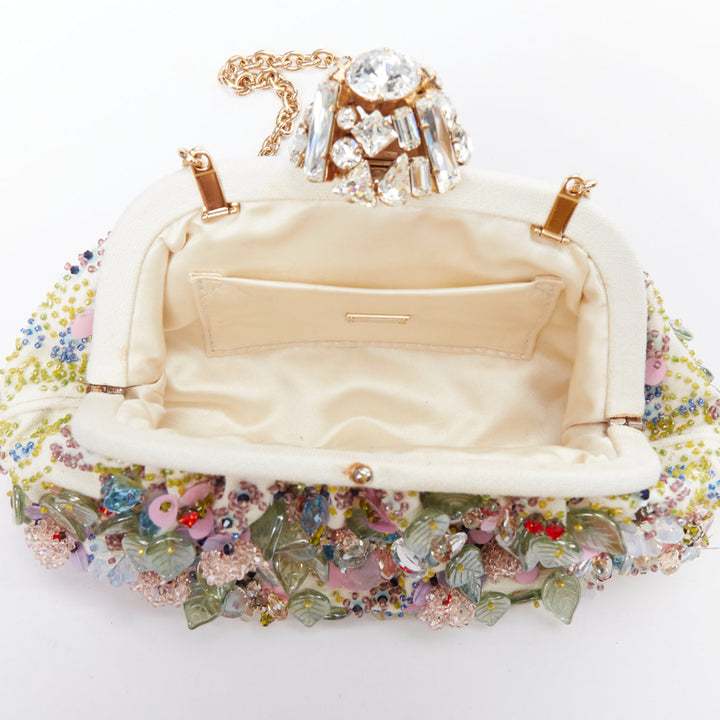 DOLCE GABBANA Pochette cream colorful crystal embellished lock frame clutch bag