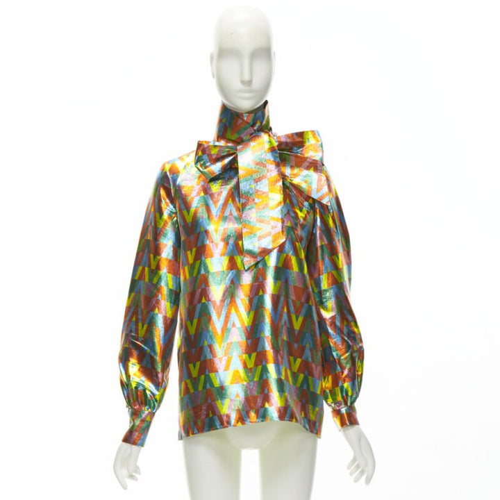 VALENTINO metallic lurex graphic V rainbow scar tie collar blouse IT38 XS