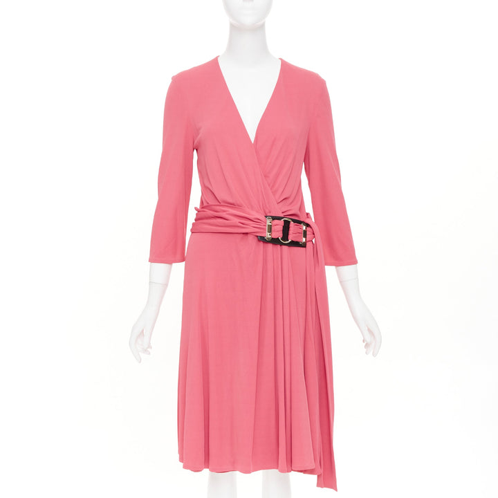 GUCCI 2007 pink viscose gold link buckle asymmetric drape wrapped midi dress M