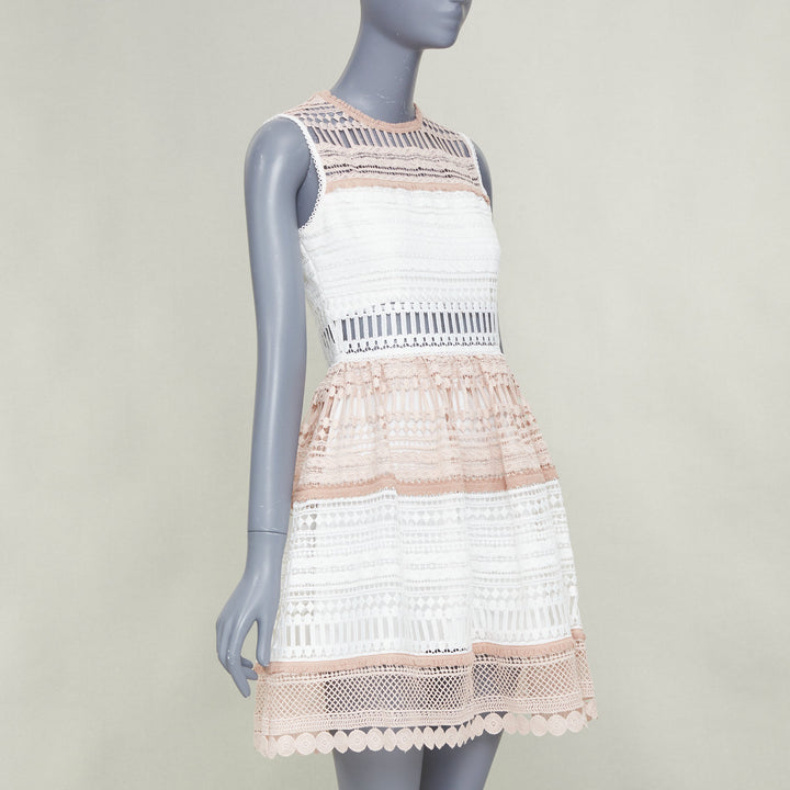 ALEXIS Melania Embroidered Lace Cutout Fit Flare Dress white nude dress S
