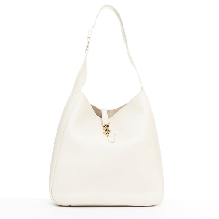 SAINT LAURENT 2024 Le 5 a 7 off white calfskin YSL logo Large hobo tote bag