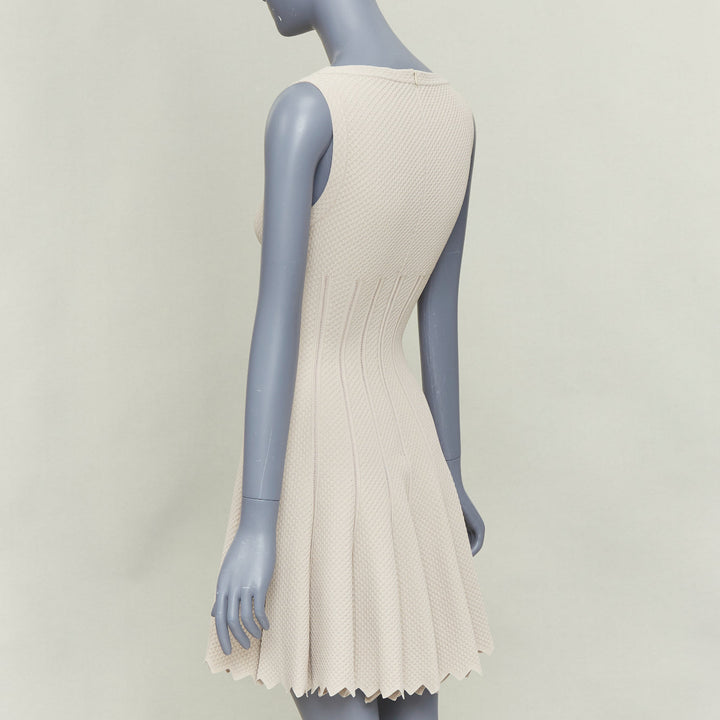 ALAIA beige viscose chevron cellular jacquard lattice scalloped dress FR38 M