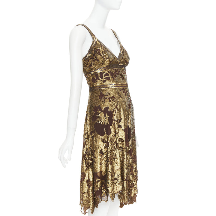WUNDERKIND bronze gold brown 100% silk floral sequin handkerchief dress US2 S