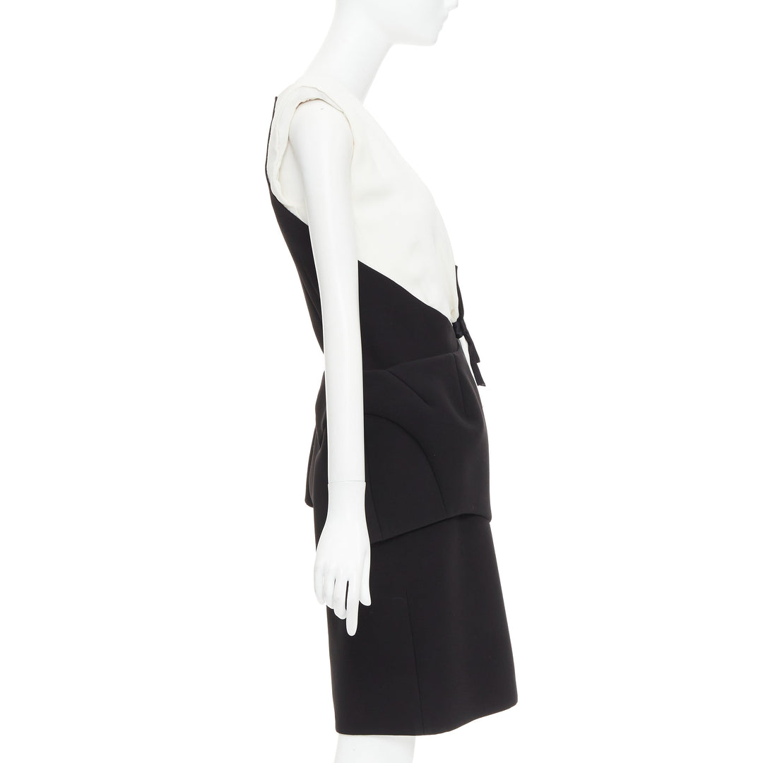 BALENCIAGA 2008 Runway black cream twist bow drape peplum hi-slit dress FR38 M