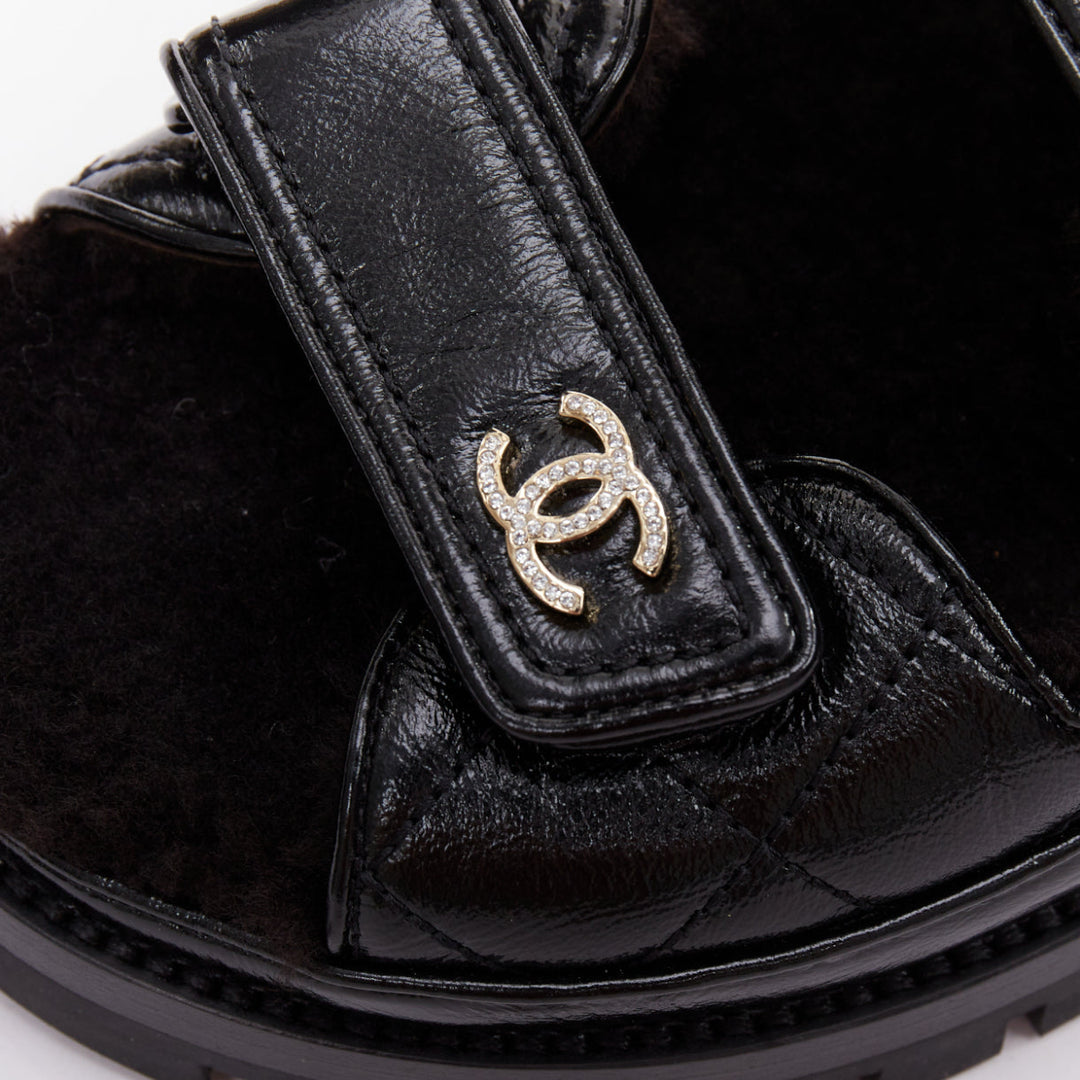 CHANEL 2023 black laminated lambskin shearling crystal CC dad sandals EU37