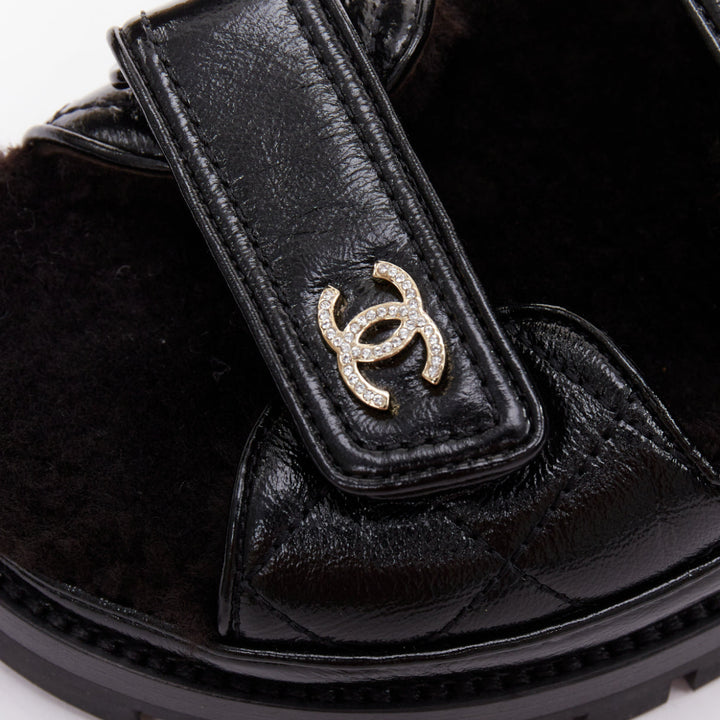 CHANEL 2023 black laminated lambskin shearling crystal CC dad sandals EU37
