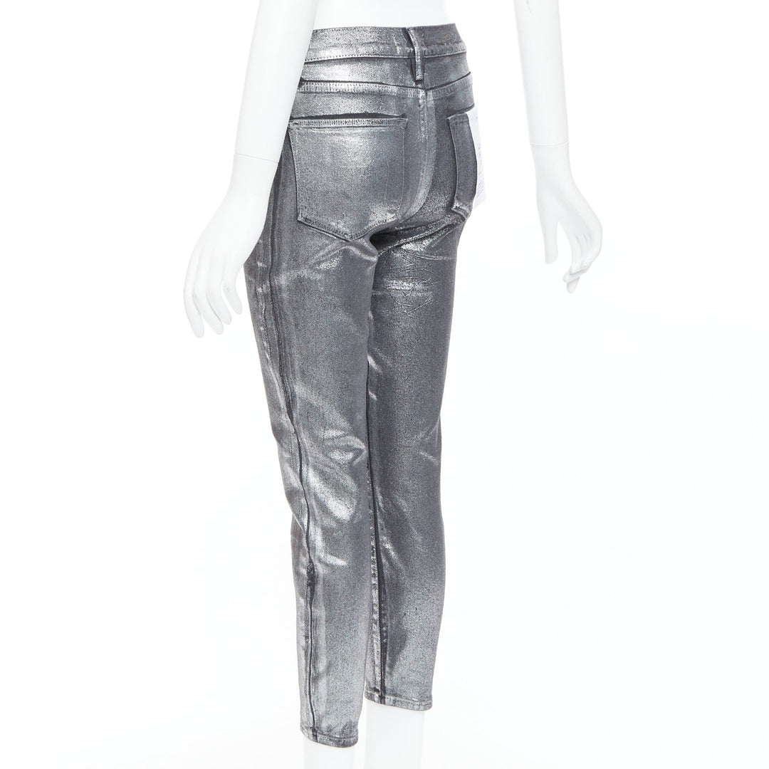 FRAME Le High Skinny Crop metallic silver coated pants 24"